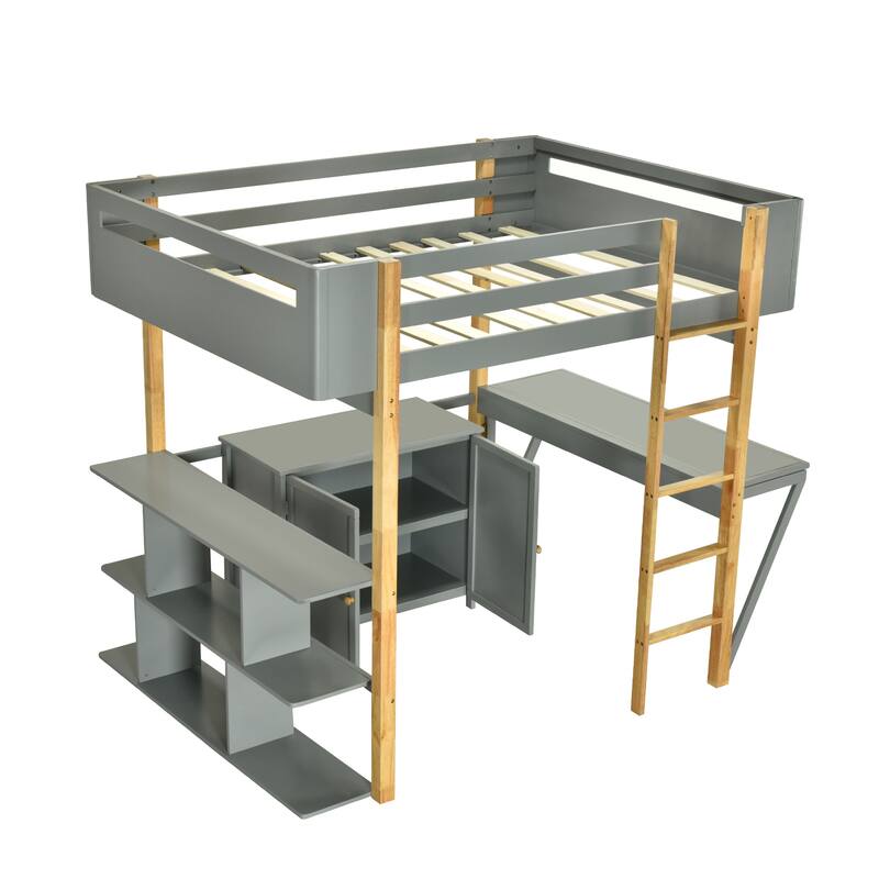Solid Wood Loft Bed with Built-in Storage and Foldable Desk