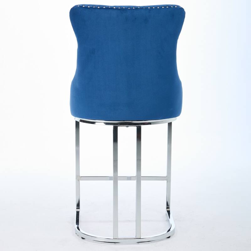Set of 2 Modern 25 Inch Counter Bar Stools Velvet Upholstered Button Back Chrome Legs