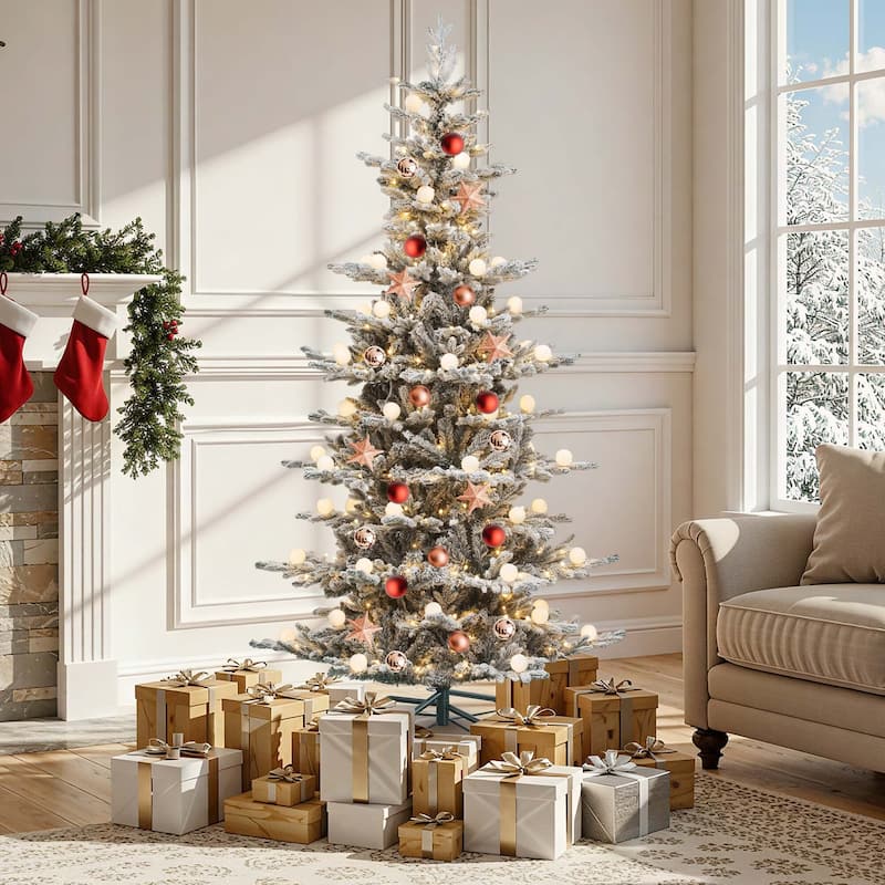 7.5ft Pre-Lit Flocked Artificial Christmas Tree with Glittering Diamond Accents & Multi-Color Lights