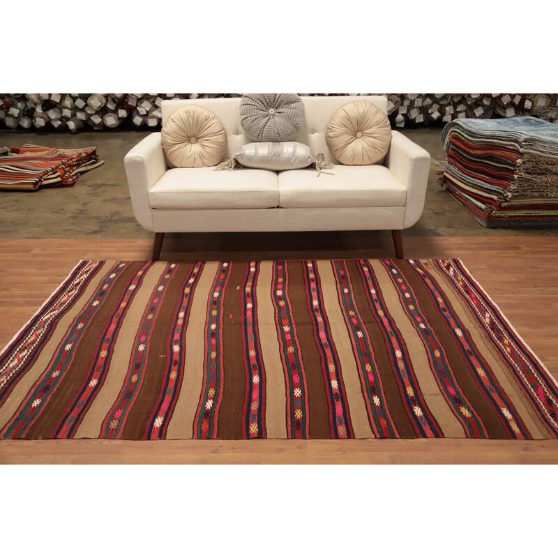 Hand Woven Oriental 100% Wool Carpet Southwestern Tribal Brown Kilim Area Rug - 7' 3'' X 4' 11''