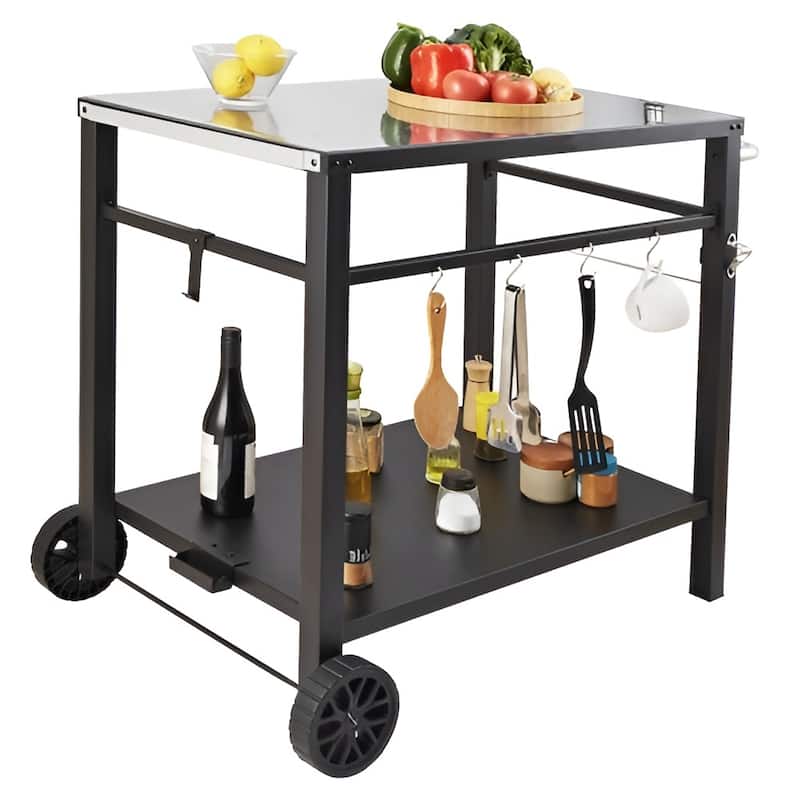 Black Outdoor BBQ Prep Table with Storage Shelves and Accessories - 39.37” L x 25.19” W x 32.87” H