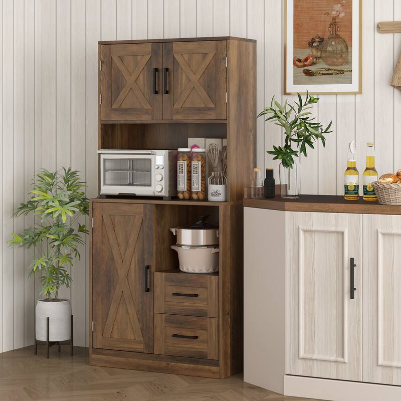 Modern Farmhouse Kitchen Cabinet with Barn Doors Drawers Adjustable Shelves Anti Tipping Durable Particleboard - Brown