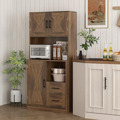 Modern Farmhouse Kitchen Cabinet with Barn Doors Drawers Adjustable Shelves Anti Tipping Durable Particleboard