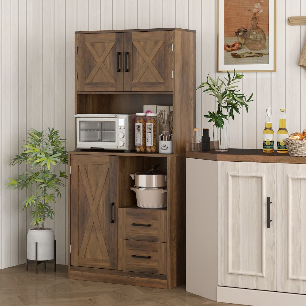 Modern Farmhouse Kitchen Cabinet with Barn Doors Drawers Adjustable Shelves Anti Tipping Durable Particleboard