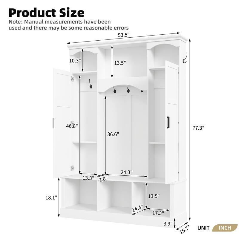 Modern Hall Tree with Adjustable Shelves Dual Cabinets Bench Entryway Organizer