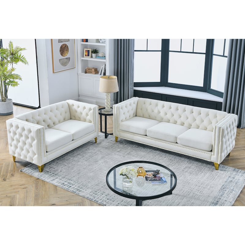 Roomfitters 5-Seater Velvet Sofa Set, 3+2 Chesterfield Square-Arm Tufted Couches with Nailhead Trim and Gold Legs - Beige - 5 Seater