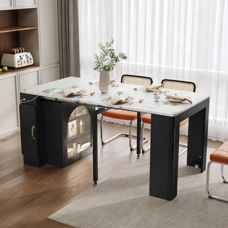 Extendable Kitchen Island Table with 3 Removable Leaves, Power Outlet & Storage Cabinet - Black