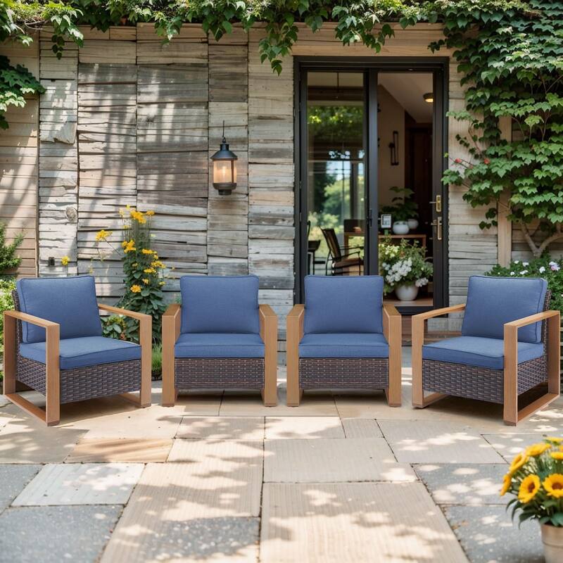 Pocassy Outdoor Patio Chairs Set for Garden Yards - 4 Pieces Patio Chairs - Brown Wicker Blue Cushion