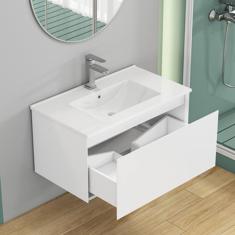 Wall-Mounted Bathroom Vanity, Floating Single Drawer Cabinet, 32 Inch Integrated Ceramic Sink