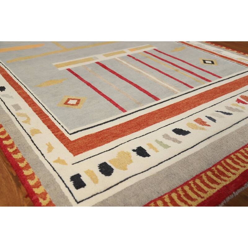 Hand Knotted Oriental 100% Wool Carpet Modern Geometric Greys & Charcoal Gabbeh Area Rug - 10' 0'' X 4' 11''
