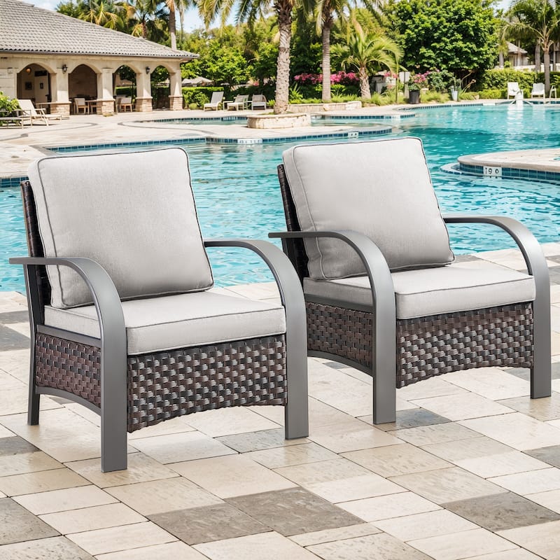 Outdoor Dining Chairs Wicker Patio Chairs - Beige Cushion - Brown