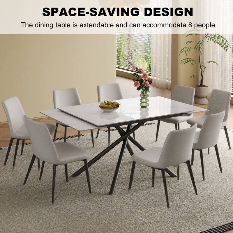 Retractable Sintered Stone Dining Table Set,steel table legs and a cross-leg structure at the bottom(Table + 8 Chairs)