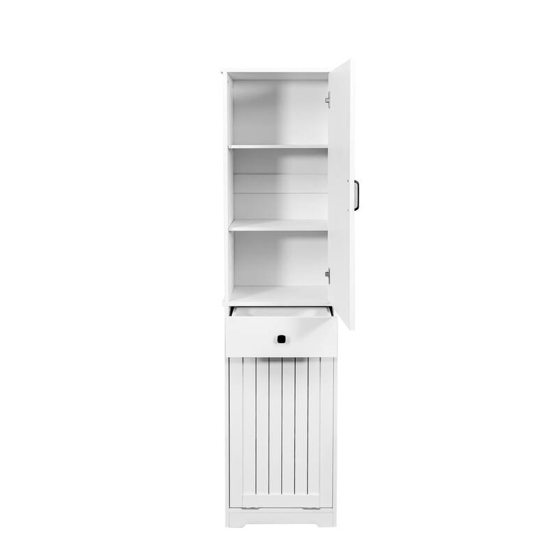 Roomfitters Laundry Cabinet with Drawer and Hamper, Tall Bathroom Storage Organizer with Shelves, White