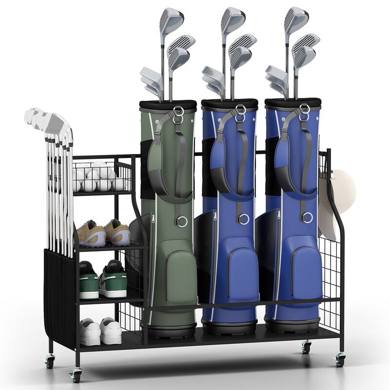 Gymax Golf Bag Organizer 3 Golf Bag Stand for Clubs Balls and Golfing - Black