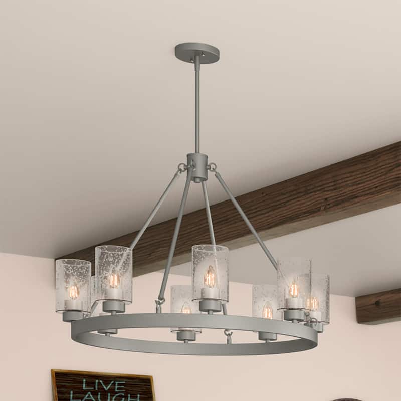 Hunter Hartland Wagon Wheel Chandelier - Dining Room, Kitchen, Entry - Modern Farmhouse, Industrial - 32" 8-Light - Brushed Nickel