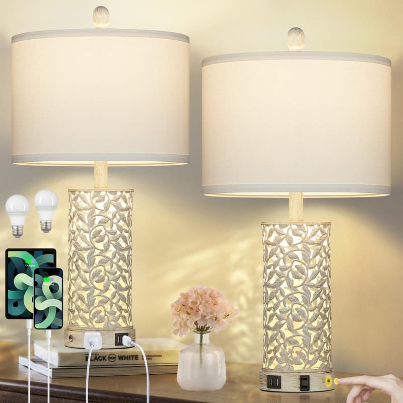 24.5 inches Coastal Bedside Dimmable Table Lamp Set with Night Light, USB Ports, Included Bulbs (Set of 2)