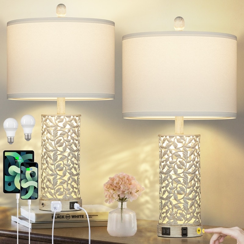 24.5 inches Coastal Bedside Dimmable Table Lamp Set with Night Light, USB Ports, Included Bulbs (Set of 2)