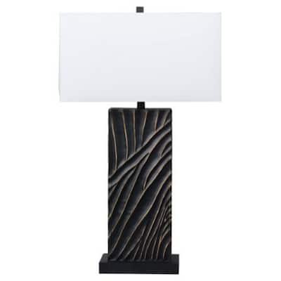 Len Table Lamp, White Rectangular Shade, Unique Lined Design Black Pedestal