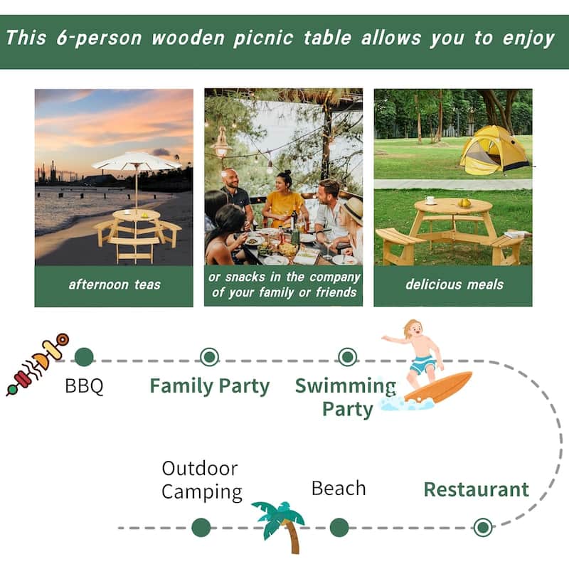 Roomfitters Outdoor 6 Person Picnic Table, 6 person Round Picnic Table with 3 Built-in Benches, Natural