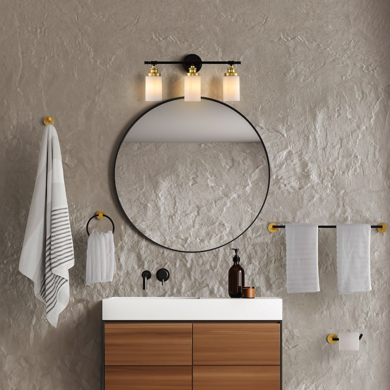 Hugo 23.25" 3-Light Classic Vanity Light with Frosted Glass Shades and Bathroom Hardware Accessory Set, (5-Piece) by JONATHAN Y