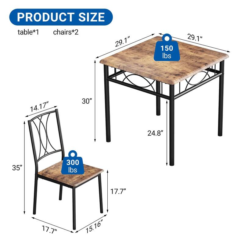 3-Piece Industrial Dining Set, Table with 2 Upholstered Chairs & Metal Legs, Space-Saving Breakfast Table Set - Brown