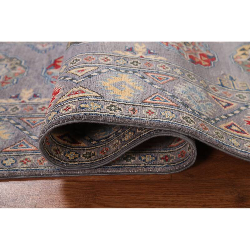 Geometric Gray Kazak Runner Rug Handmade Wool Carpet - 2'8" x 8'3"