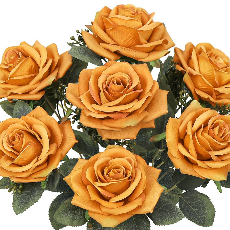 Set of 2 Dusty Orange Artificial Queen Tea Rose Flower Stem Bush Bouquet 17in - 17" L x 9" W x 9" DP