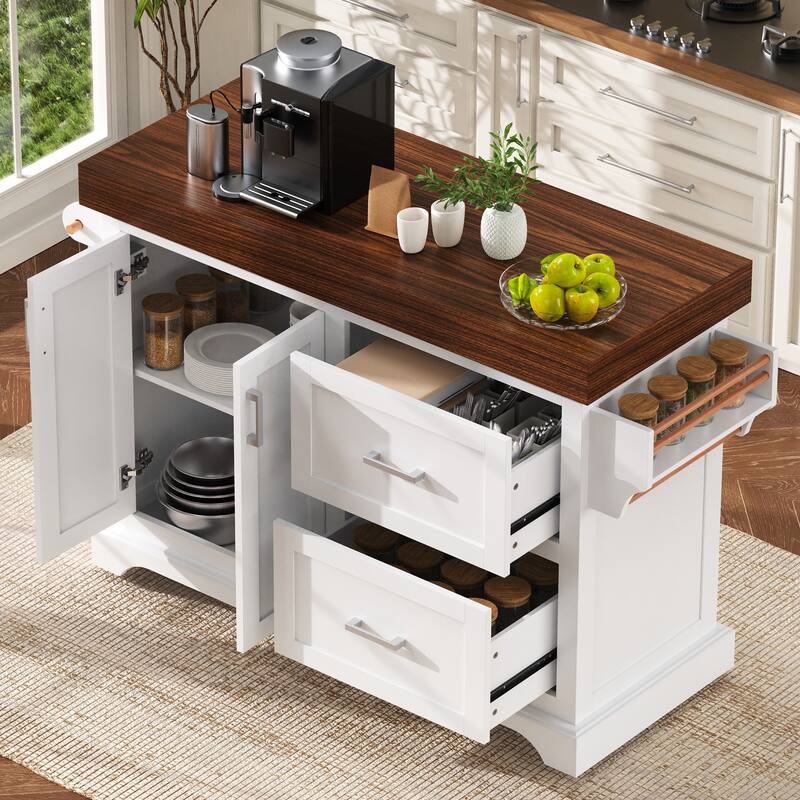 53 Inch Kitchen Island Cart with Thick Desktop Drawers Spice and Towel Racks
