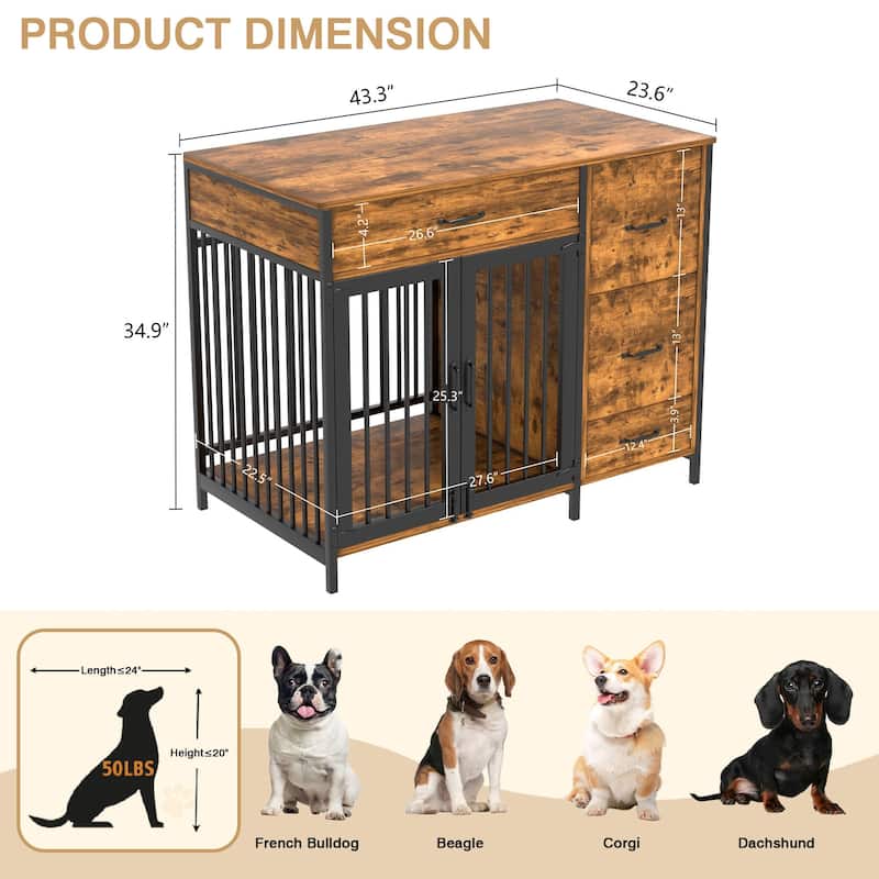 43.3" Wooden Dog Kennel Furniture End Table with 4 Drawers, Wood Pet House Dog Cage Dog Crate
