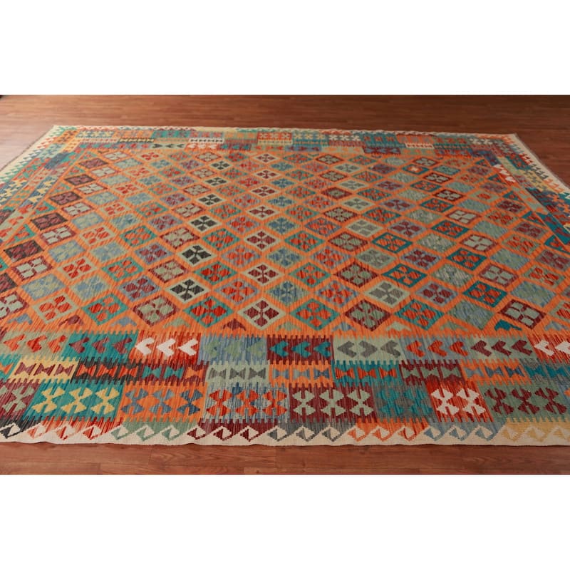 Trellis Orange Kilim Reversible Wool Area Rug Wool Carpet - 9'9"x 12'8"