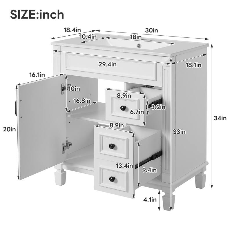 30" Bathroom Vanity with Ceramic Sink, Small Bathroom Sink Cabinet, Modern Cabinet with 2 Drawers and Adjustable Shelf
