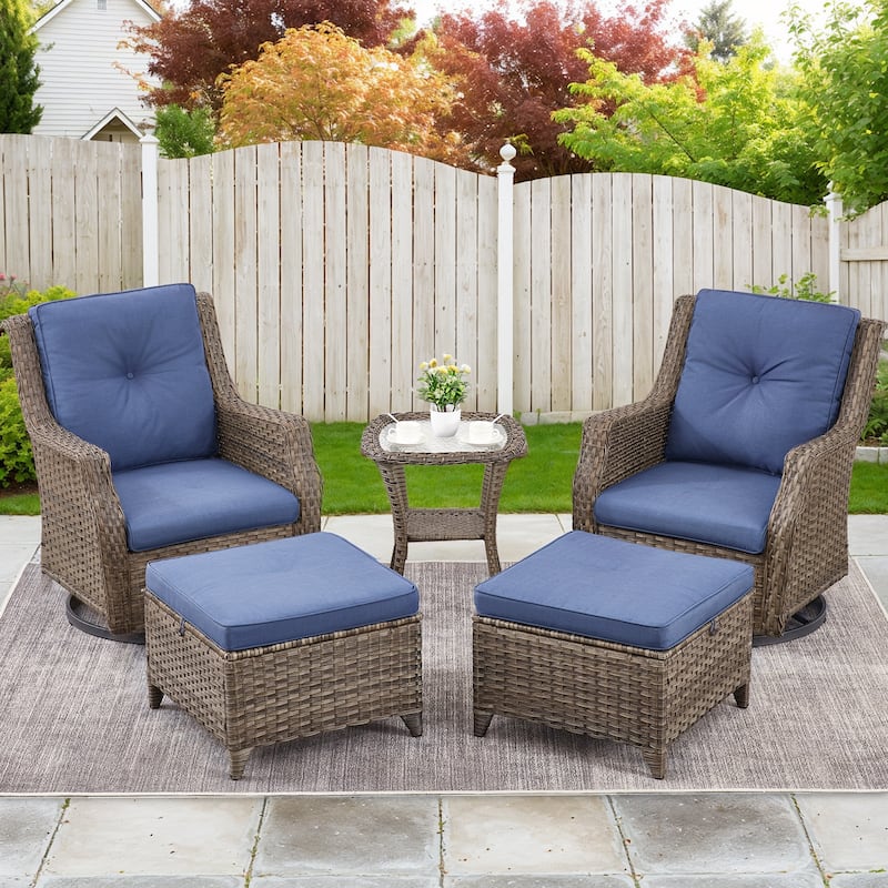 Pocassy Patio Swivel Chairs Glider Chairs with Ottoman and Table - Blue Cushion - Grey Wicker - 5-Piece Swivel Chair Table with Ottoman