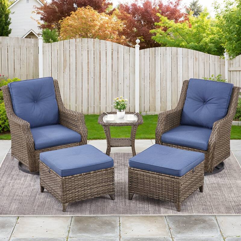 Pocassy Patio Swivel Glider Chairs with Ottoman and Table - Blue Cushion - Grey Wicker - 5-Piece Swivel Chair Table with Ottoman