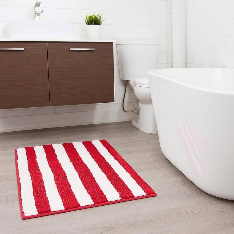 Large Red White Stripe Soft Cozy Plush Chenille Bath Mat Bathroom Rug - 36" x 24"
