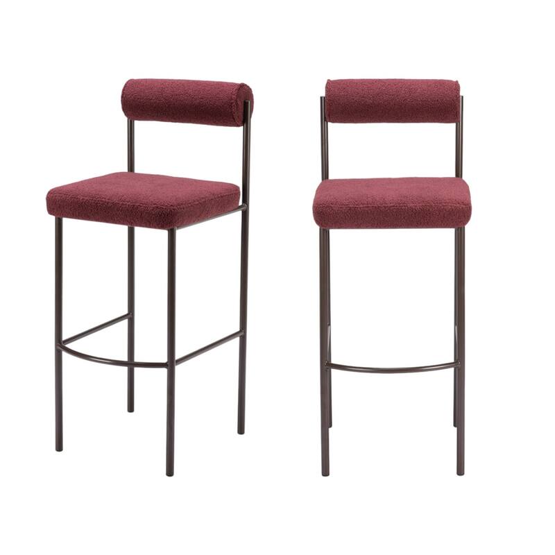 Set of Two 30" Red and Bronze Shearling and Steel Low Back Bar Height Bar Chairs