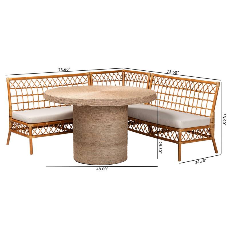 Adalina Modern Bohemian Honey Rattan 4-Piece Dining Nook Set