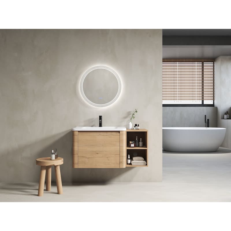 Wall-Mounted Bathroom Vanity with Ceramic Sink and Storage Shelves