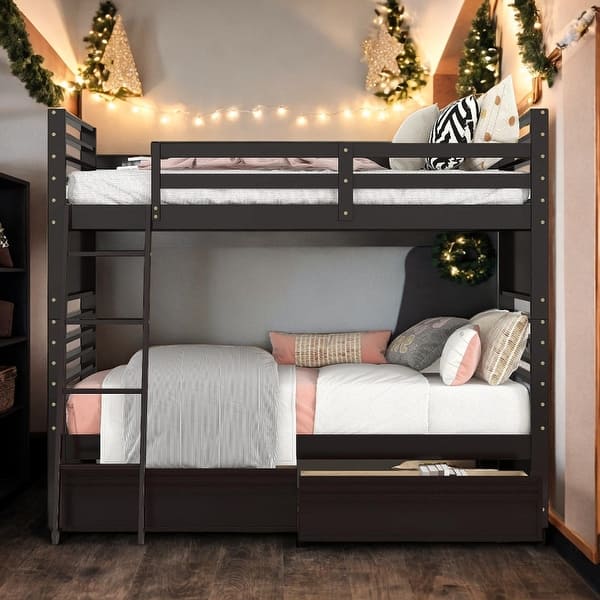 slide 2 of 20, Wood Twin over Twin Bunk Bed with Ladder and Two Drawers, Espresso Espresso