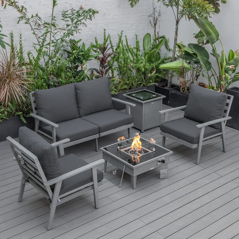 Walbrooke Modern 4-Piece Outdoor Aluminum Frame Patio Furniture Set with Propane Fire Pit Table
