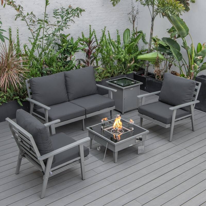 Walbrooke Modern 5-Piece Outdoor Aluminum Frame Patio Furniture Set with Propane Fire Pit Table