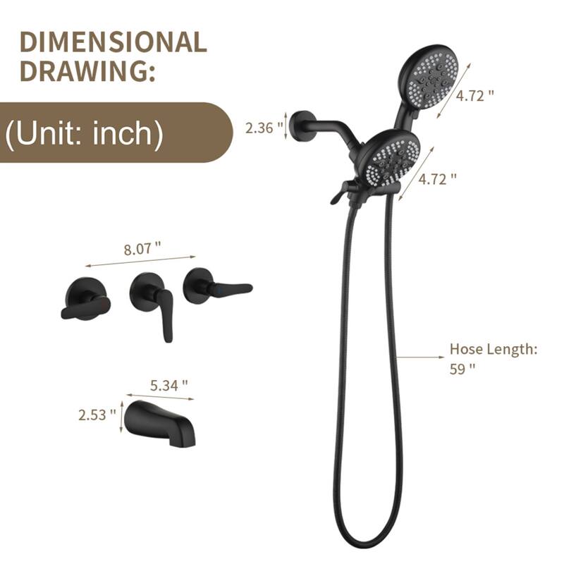 Modland 3-Handle Tub and Shower Faucet Set Dual Head 5-Setting Brass Valve with Alloy Spout