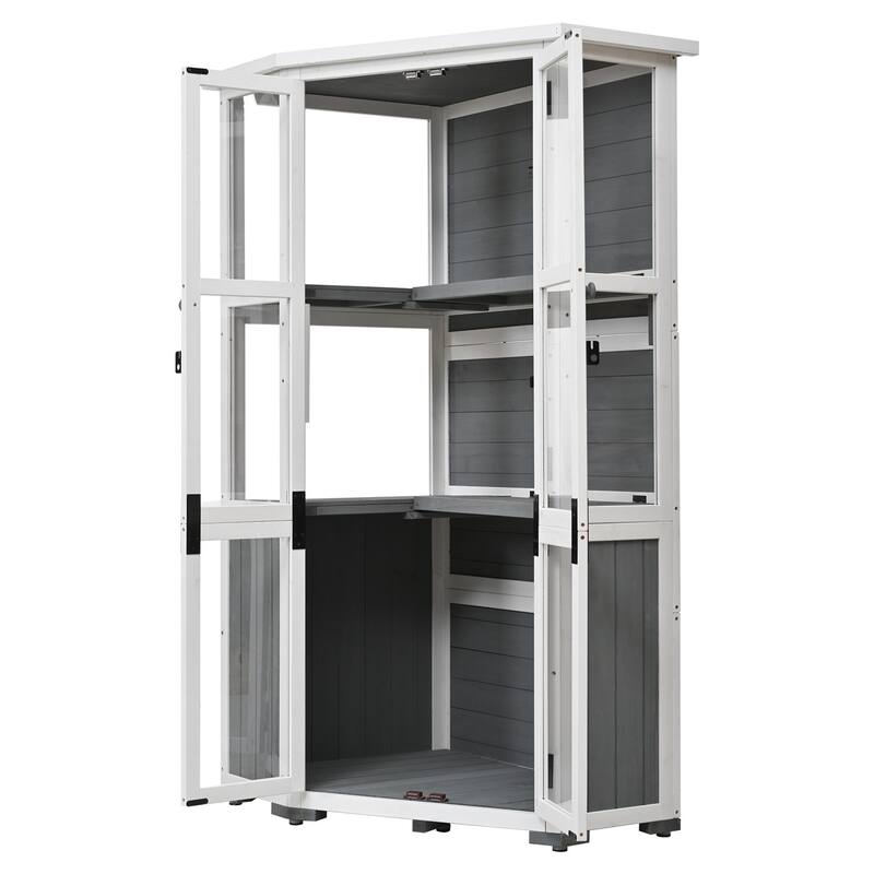 Outdoor Wood Weatherproof Tool Storage Cabinet Shed, Mini Greenhouse