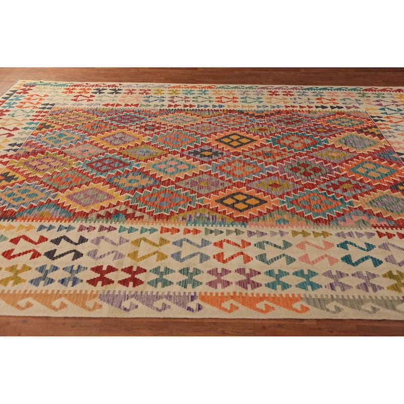 Geometric Kilim Oriental Area Rug Flatweave Wool Carpet - 8'2" x 11'5"