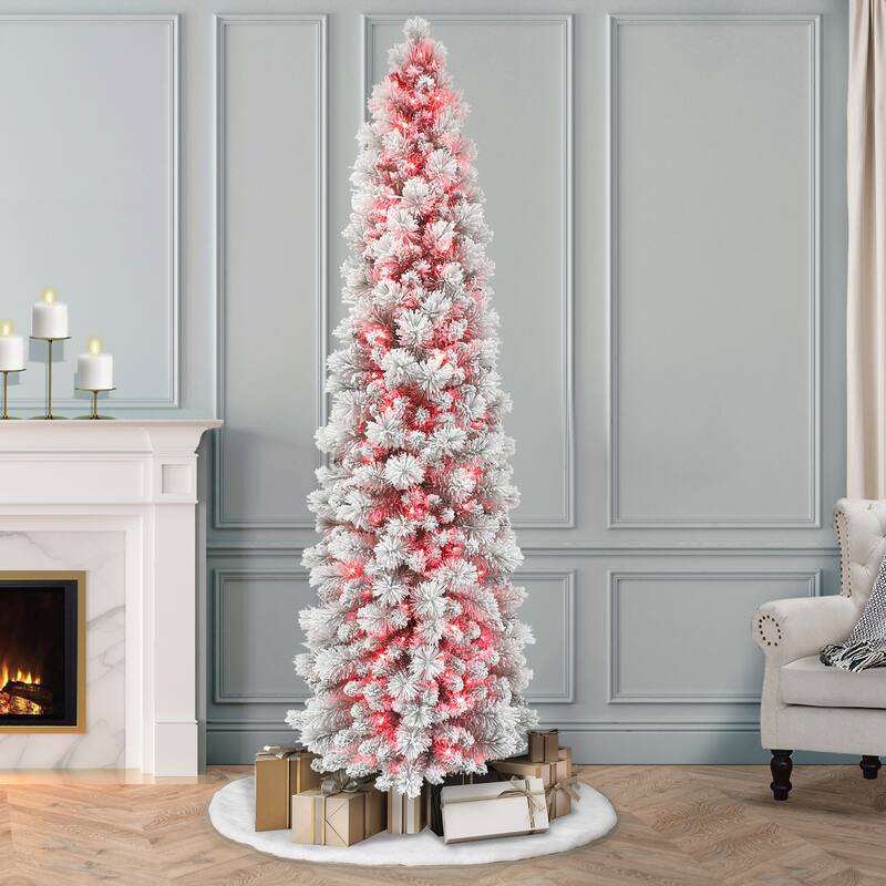Puleo International 7.5 ft. Pre-Lit Flocked Portland Pine Artificial Pencil Tree