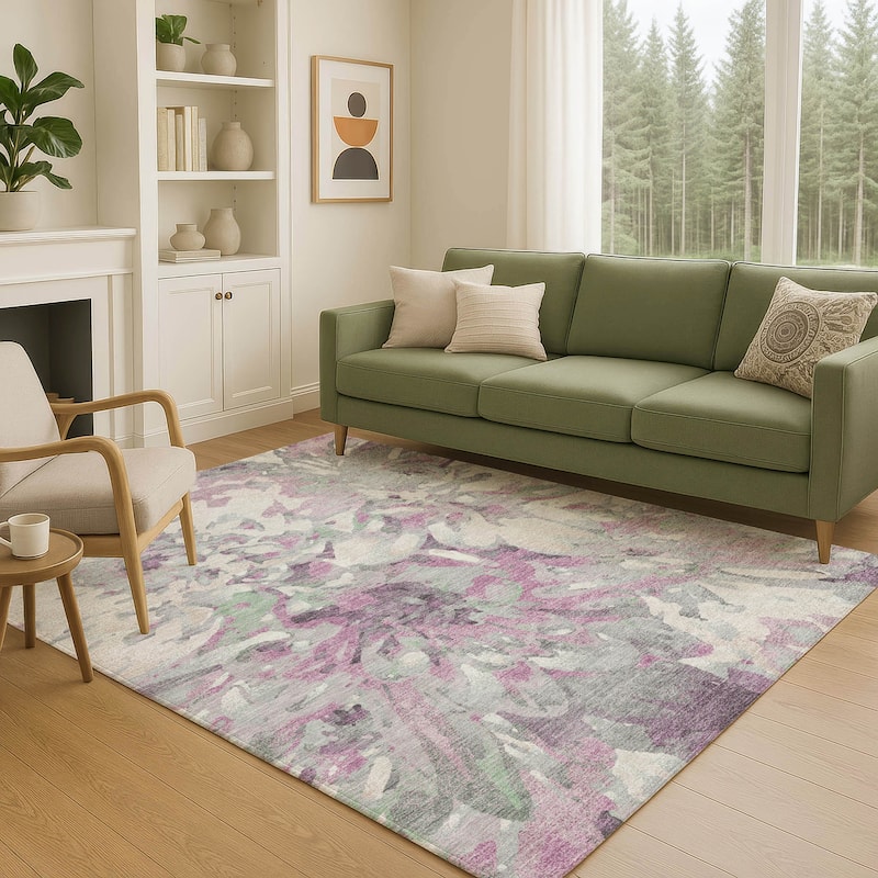 Machine Washable Indoor/ Outdoor Abstract Floral Chantille Rug