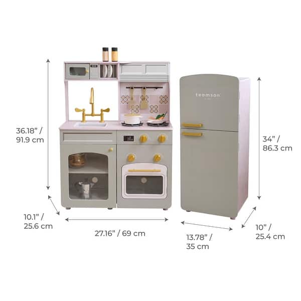 dimension image slide 0 of 3, Teamson Kids Wooden Pretend Play Kitchen with Sink, Oven, Modular Fridge, and 14 Pcs Accessories for Age 3-5 Toddlers