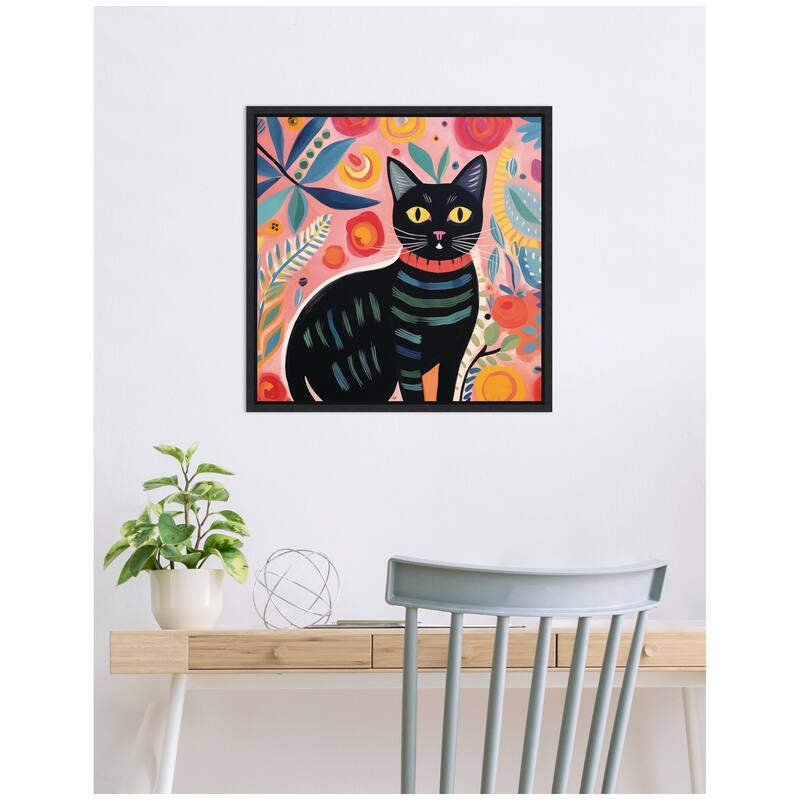 Kate and Laurel Sylvie Black Cat Botantical Pink Framed Canvas by The Creative Bunch Studio