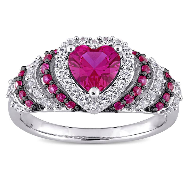 Miadora Sterling Silver Heart Created Ruby and Created White Sapphire Halo Layered Cocktail Ring