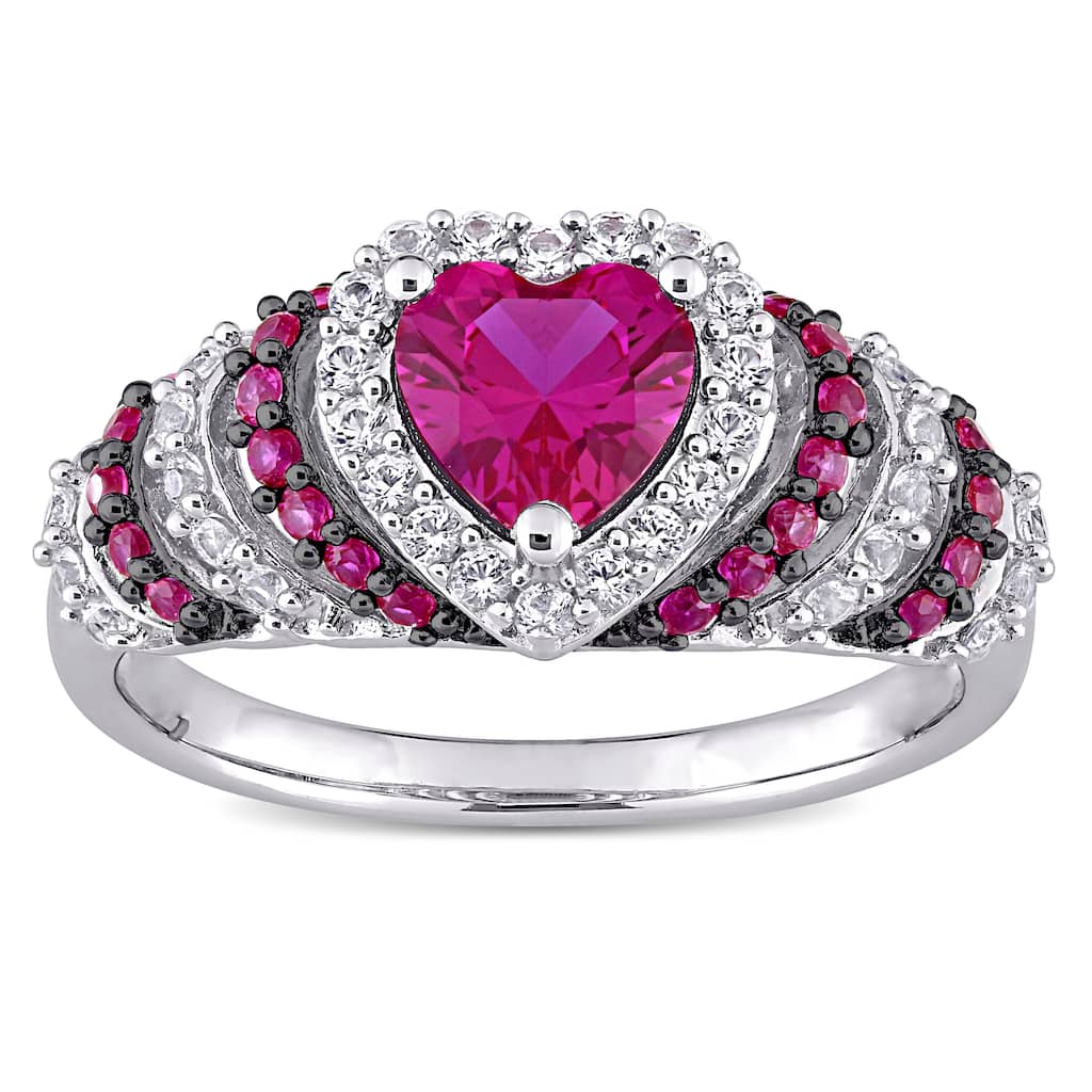 Miadora Sterling Silver Heart Created Ruby and Created White Sapphire Halo Layered Cocktail Ring
