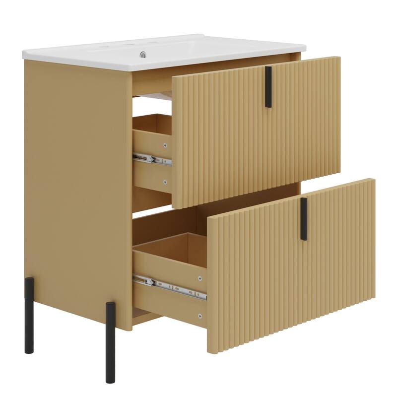 Bathroom Vanity with Ceramic Sink, Freestanding Bathroom Storage Cabinet, Fluted Bathroom Vanity with 2 Full-Extension Drawers